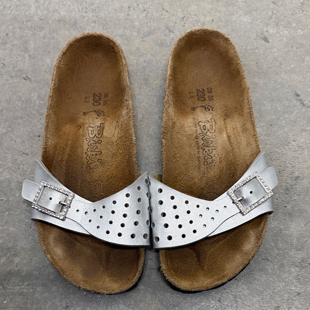 Birkenstock Silver Perforated Slide Sandals